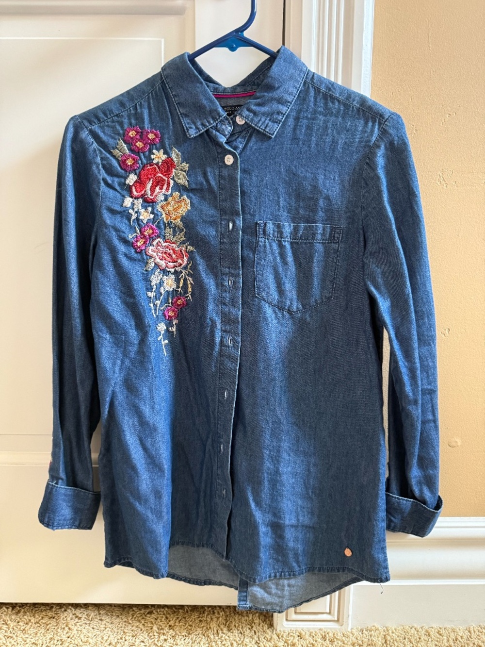 U.S POLO ASSN. Floral Embroidered Chambray Shirt Navy Blue Size XS